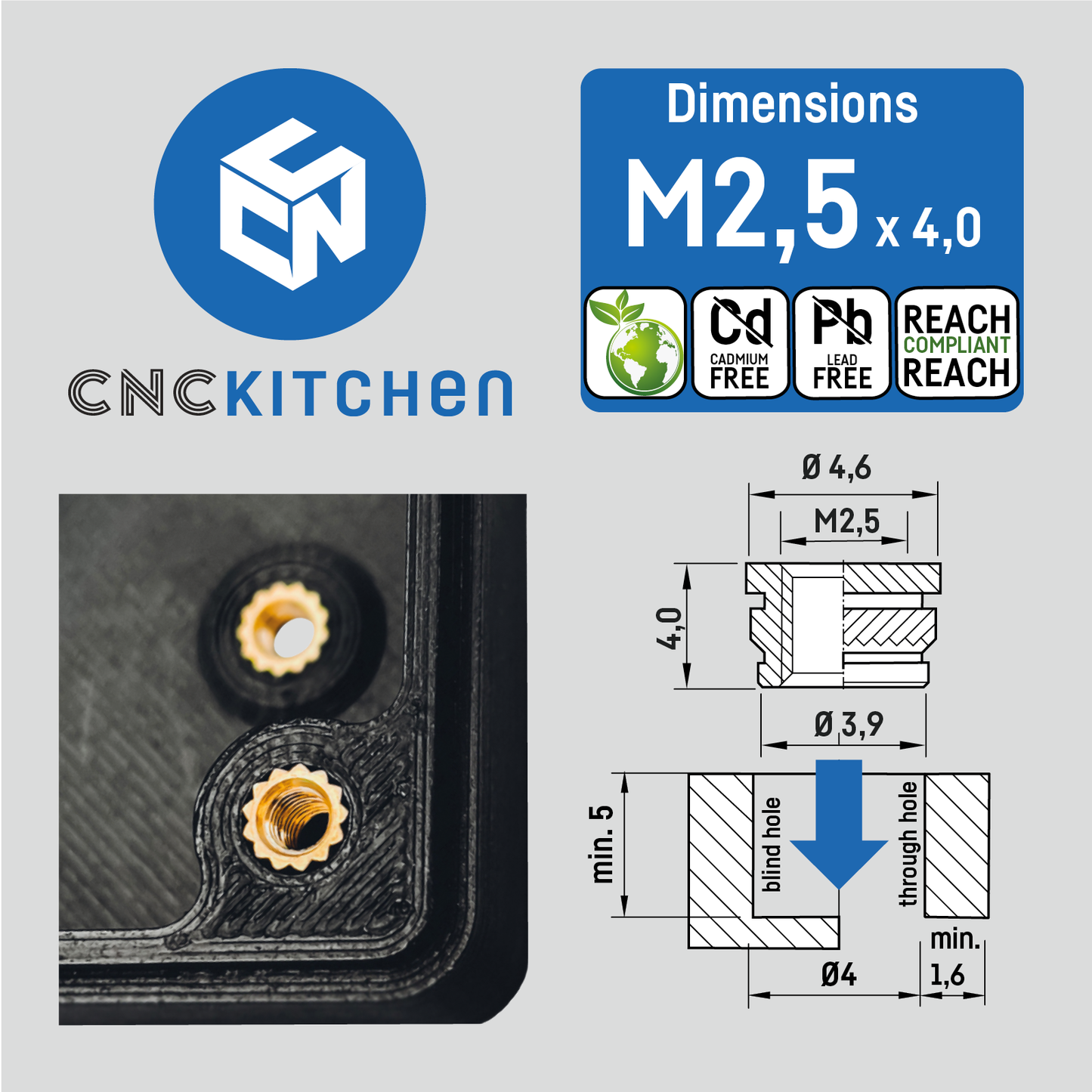 Threaded insert M2.5x4mm 100pcs