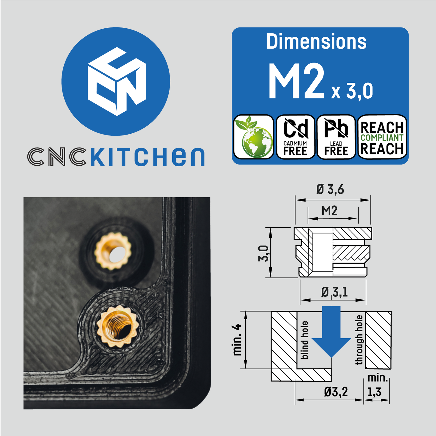 Threaded Insert M2x3mm 100pcs