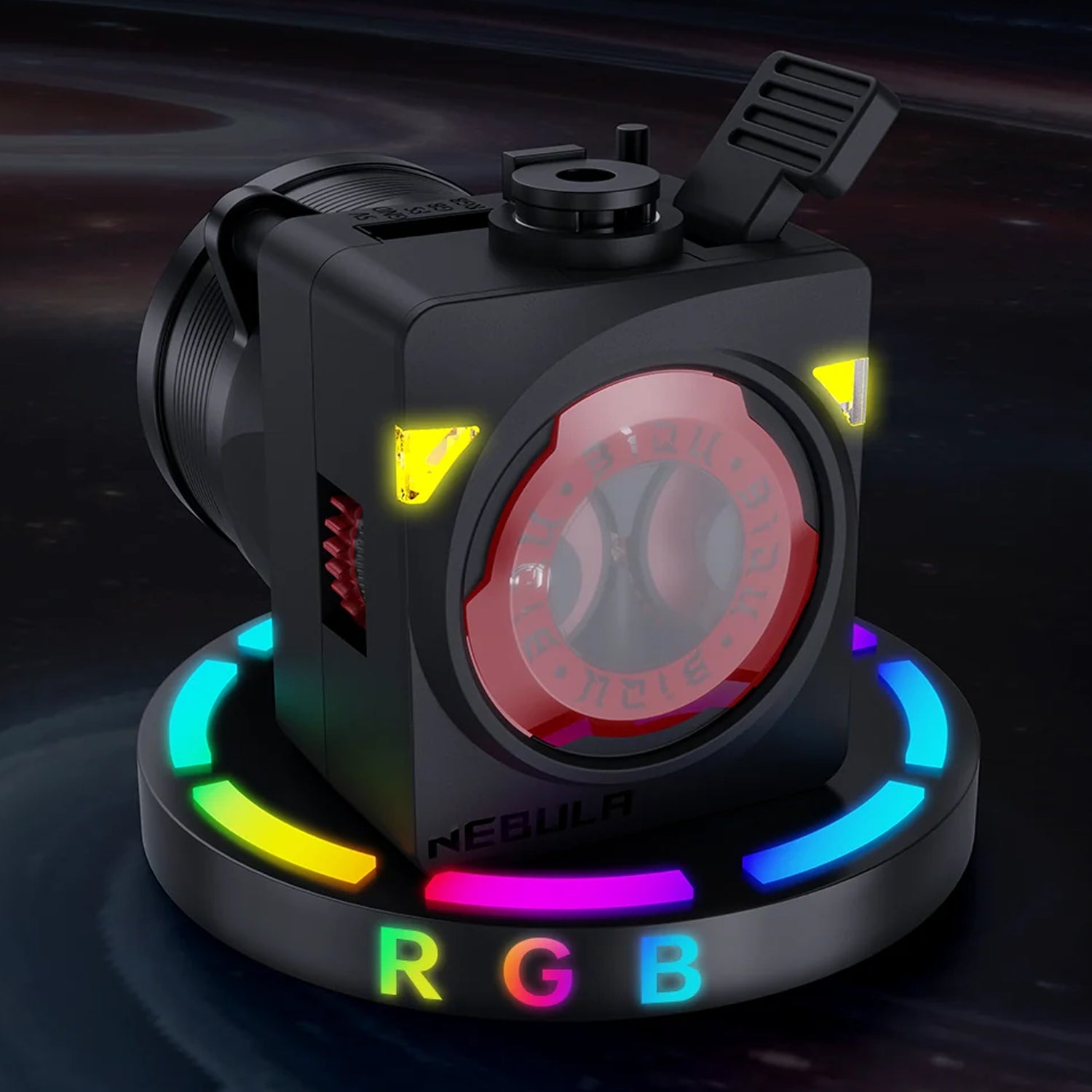 Biqu Nebula RGB extruder on illuminated RGB base, showing colorful lighting effects