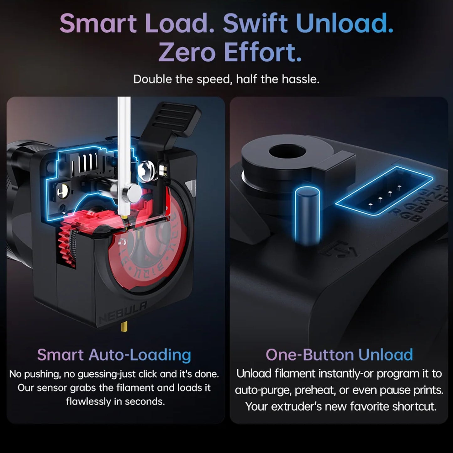 Biqu Nebula smart extruder with auto-loading filament sensor and one-button unload feature